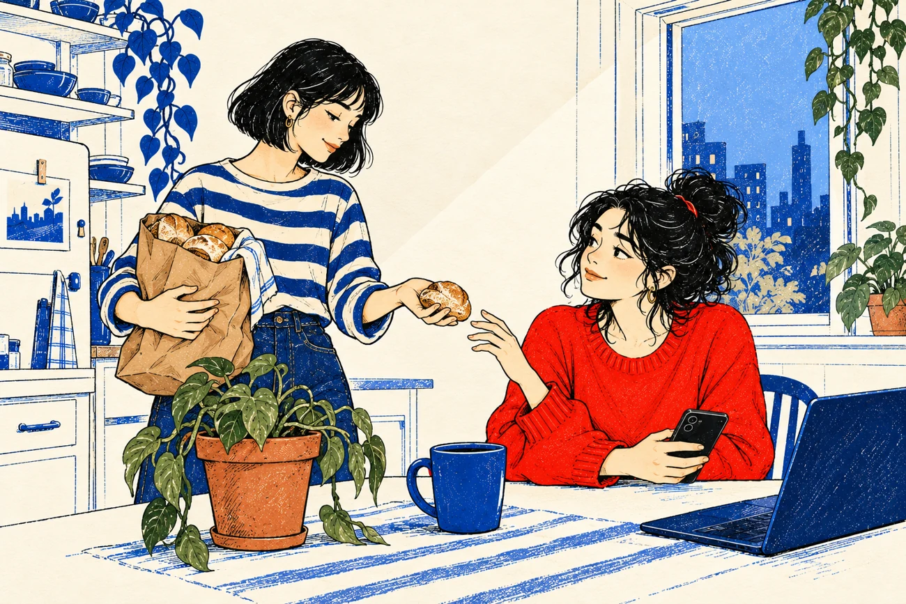 Inés llega con pan y una planta. Valeria le muestra el celular en la mesa de la cocina.