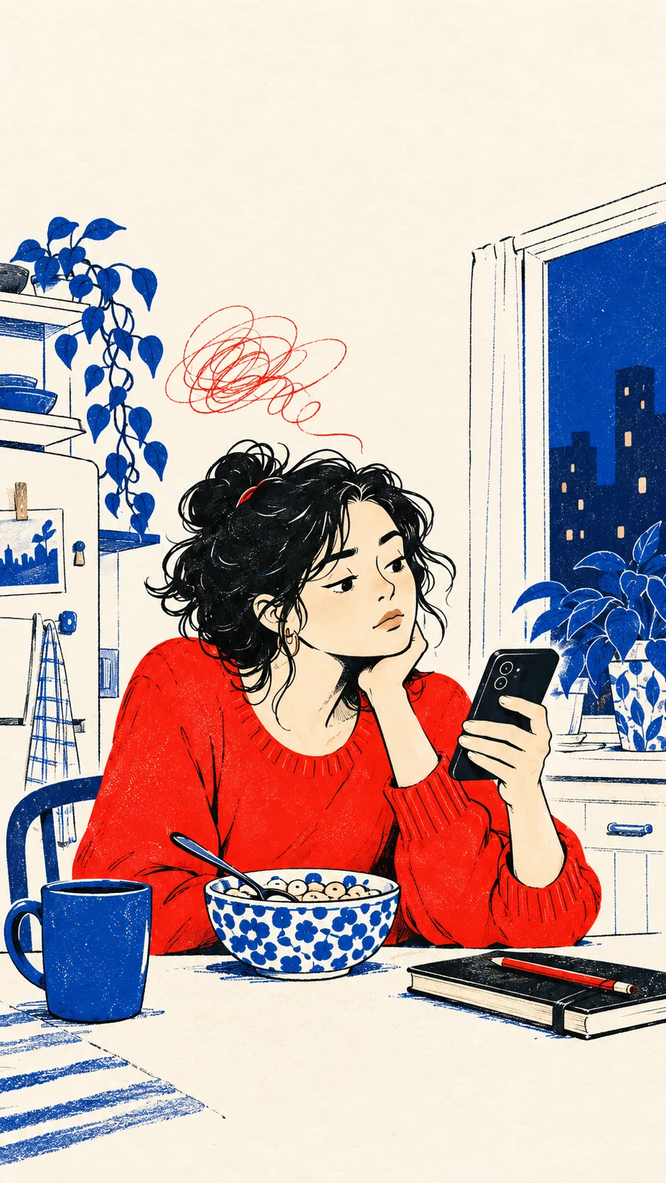 Valeria, de suéter rojo, mira su celular junto a una taza. Un enredo rojo flota sobre su cabeza.